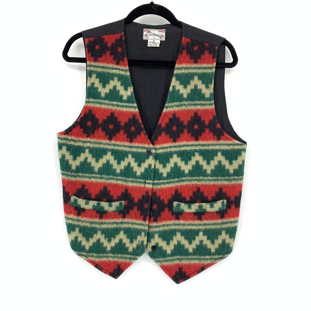VTG Cotton Express Button Front Vest Sz M Southwest Blanket Wool Front Red Green